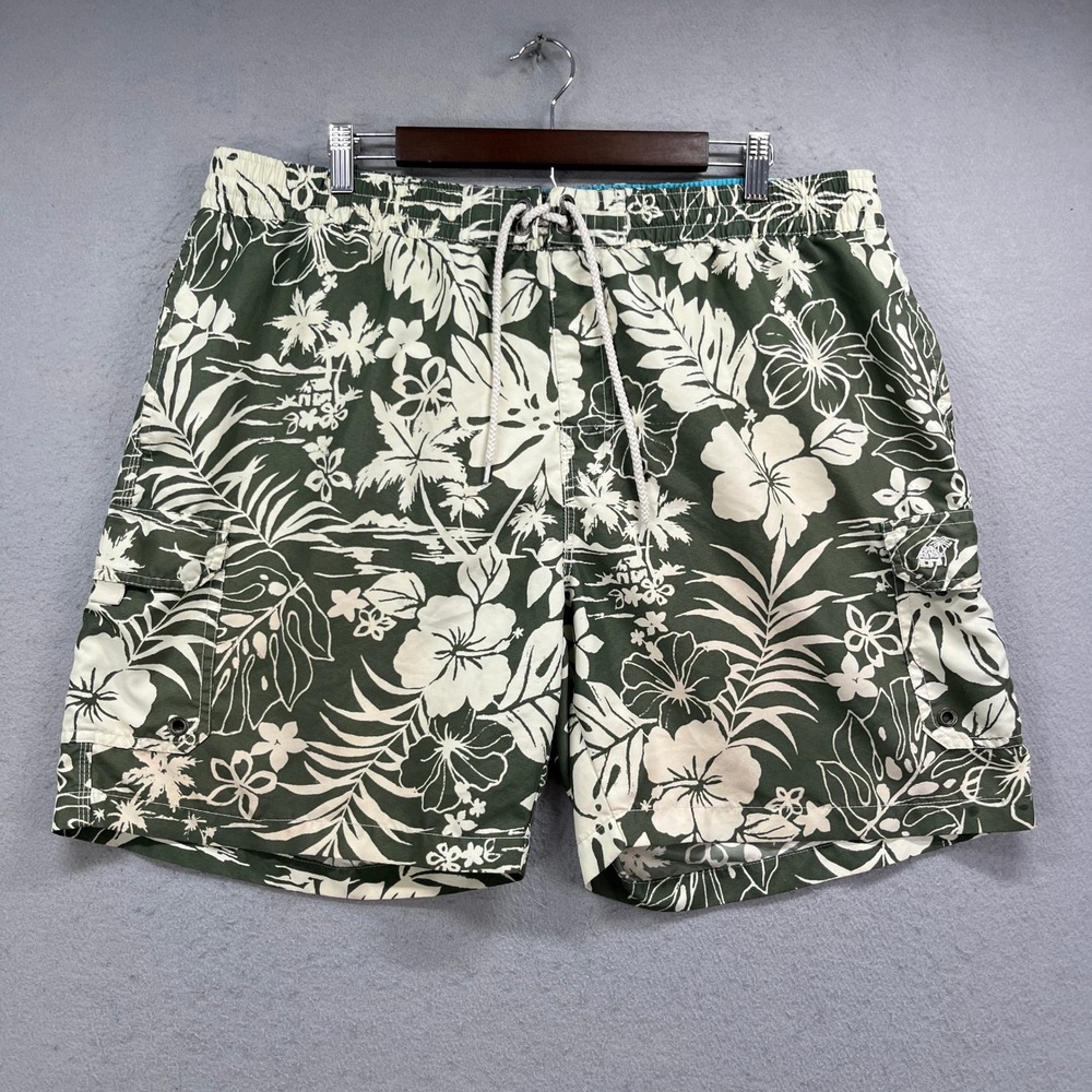 Caribbean Joe Swim Trunks Mens XL Green Floral Board Shorts Surf Beach Lined